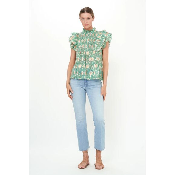 NWOT Oliphant Pintuck Floral Ruffle Top Block Print Green Size Small $188.00 - Picture 2 of 9